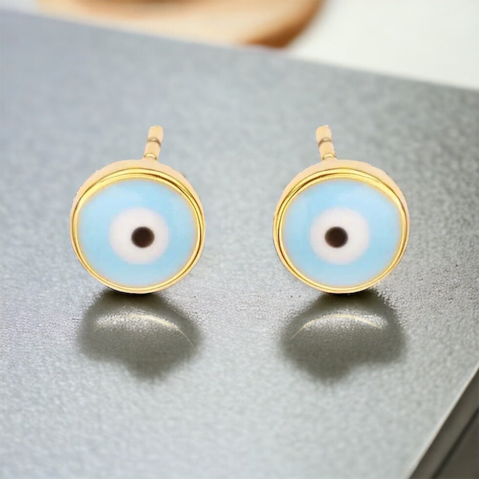 18k Real Gold Evil Eye Earrings • aqua blue Evil Eye Nazar charm stud on post • protection, good luck, fortune, all-seeing eye for women