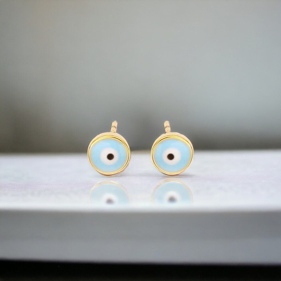 18k Real Gold Evil Eye Earrings • aqua blue Evil Eye Nazar charm stud on post • protection, good luck, fortune, all-seeing eye for women